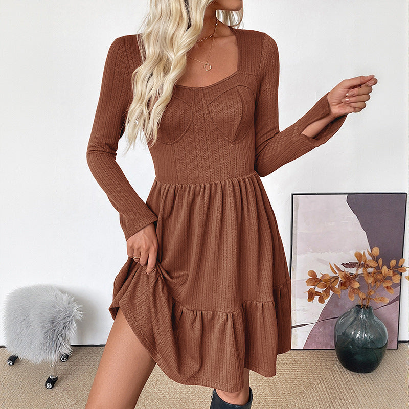 Damen lässiges Langarmkleid mit tailliertem Oberteil und voluminösem Rock Drune
