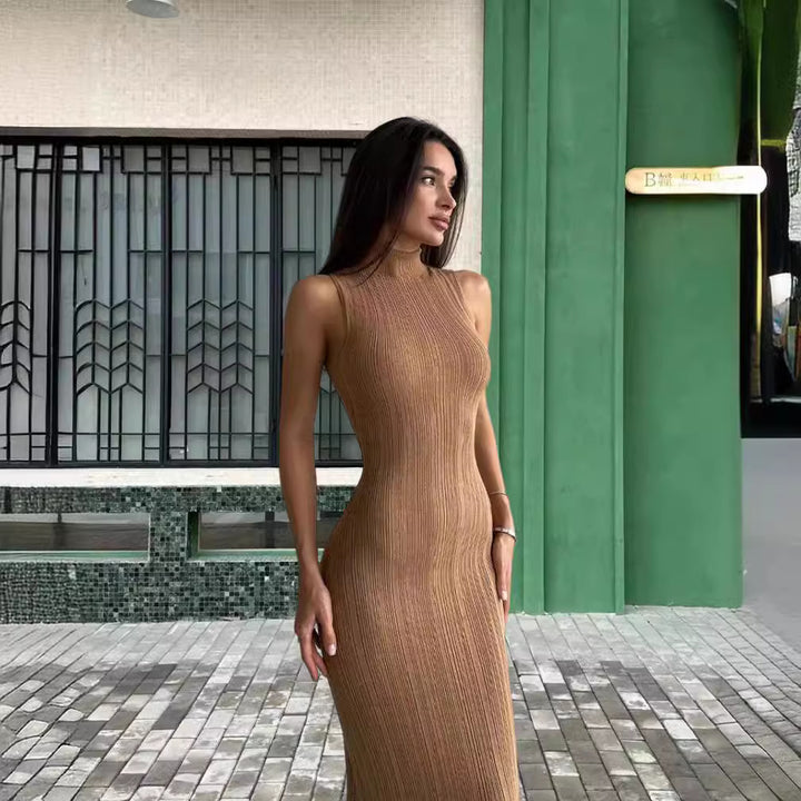Damen figurbetontes Maxikleid mit hohem Kragen und elegantem Rippmuster Drune