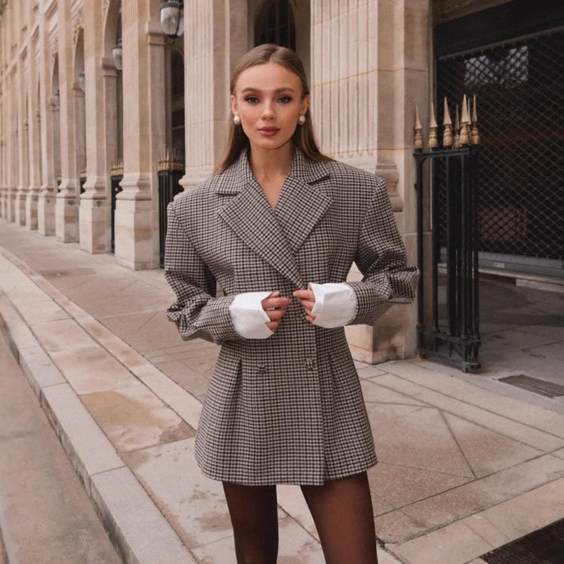 Damen Oversized Karo-Blazer mit doppelter Knopfverschluss Drune