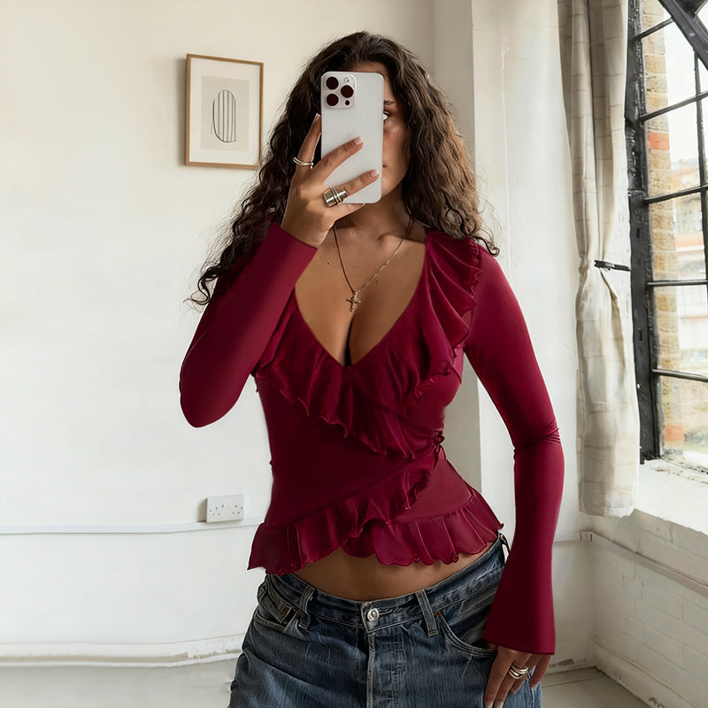 Damen lässiges Wickeloberteil mit Rüschendetails und V-Ausschnitt Drune