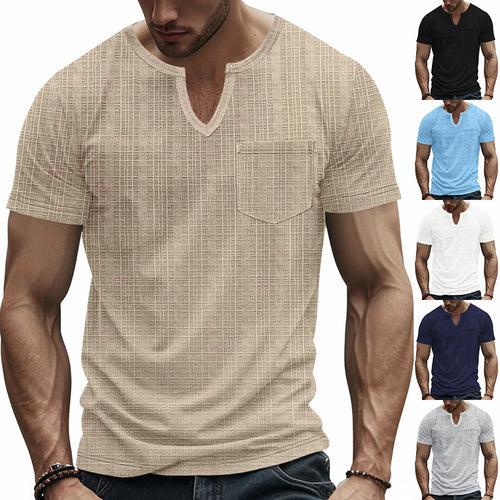 Herren nan Kurzarmshirt mit geschlitztem V-Ausschnitt strukturierter Leinenoptik und aufgesetzter Brusttasche Drune