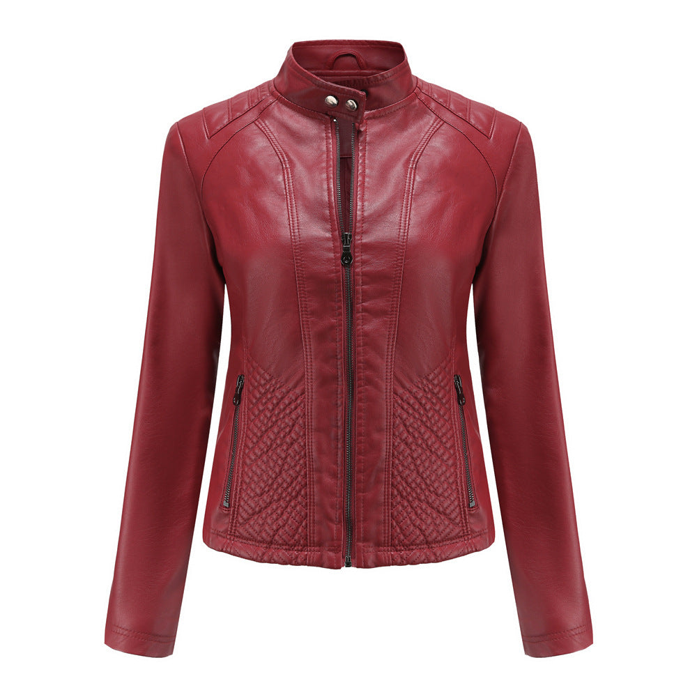 Damen nan taillierte Kunstlederjacke im Bikerstil mit Stehkragen und gesteppter Seitenpartie Drune