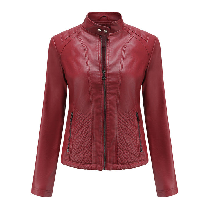 Damen nan taillierte Kunstlederjacke im Bikerstil mit Stehkragen und gesteppter Seitenpartie Drune