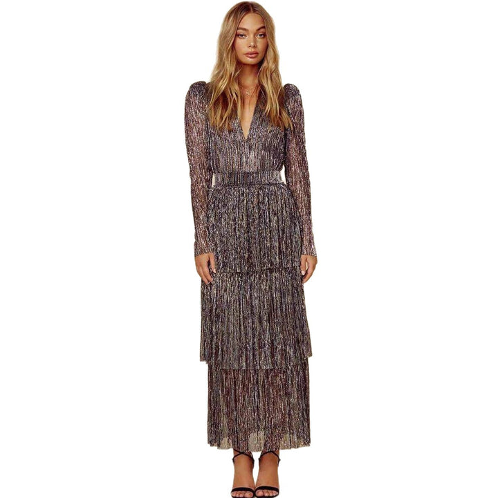Damen Plissiertes Abendkleid mit schimmerndem Effekt und langen Ärmeln Drune