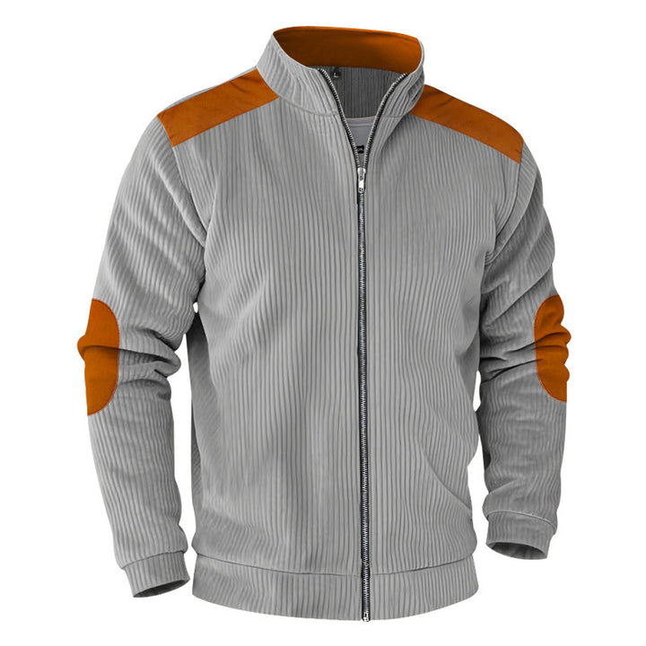 Herren nan gerippte Stehkragen-Sweatjacke mit durchgehendem Reißverschluss, Schulter- und Ellbogen-Patches Drune