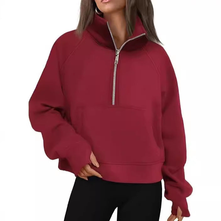 Damen nan oversized Sweatshirt mit halbem Reißverschluss Kängurutasche und Daumenlöchern Drune