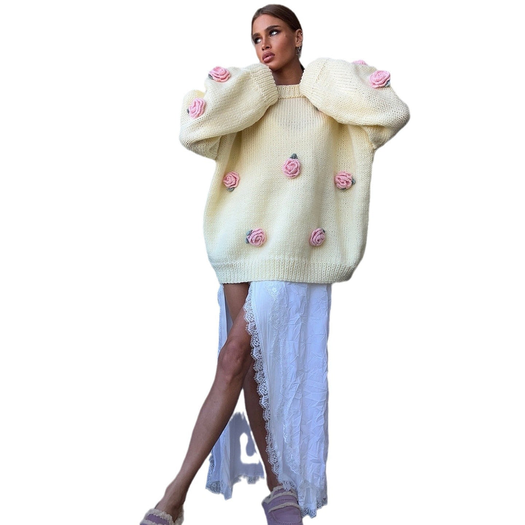Damen Strickpullover mit floralen Applikationen und lässiger Passform Drune