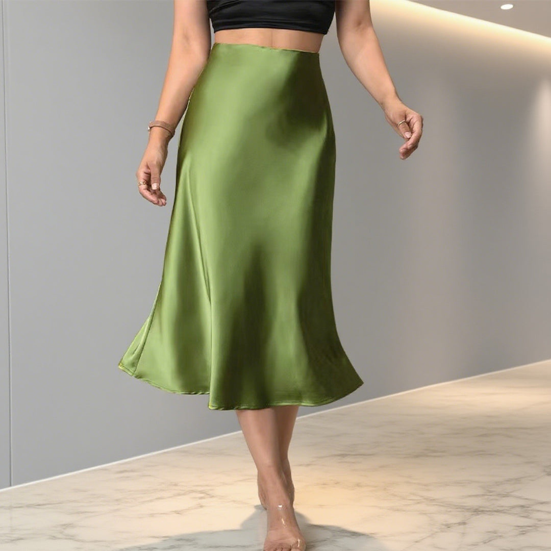 Damen Eleganter Satin-Midirock mit hohem Schnitt und fließendem Fall Drune