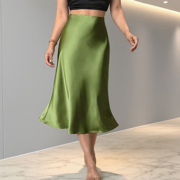 Damen Eleganter Satin-Midirock mit hohem Schnitt und fließendem Fall Drune