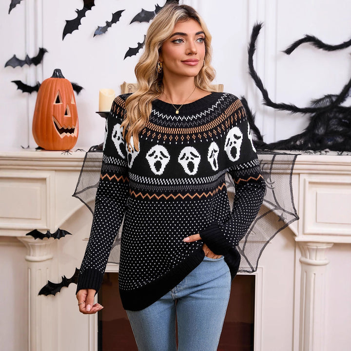 Damen Gemusterter Strickpullover mit Halloween-Motiv Drune
