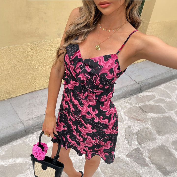 Damen Minikleid mit buntem Rüschendesign und verstellbaren Spaghettiträgern Drune