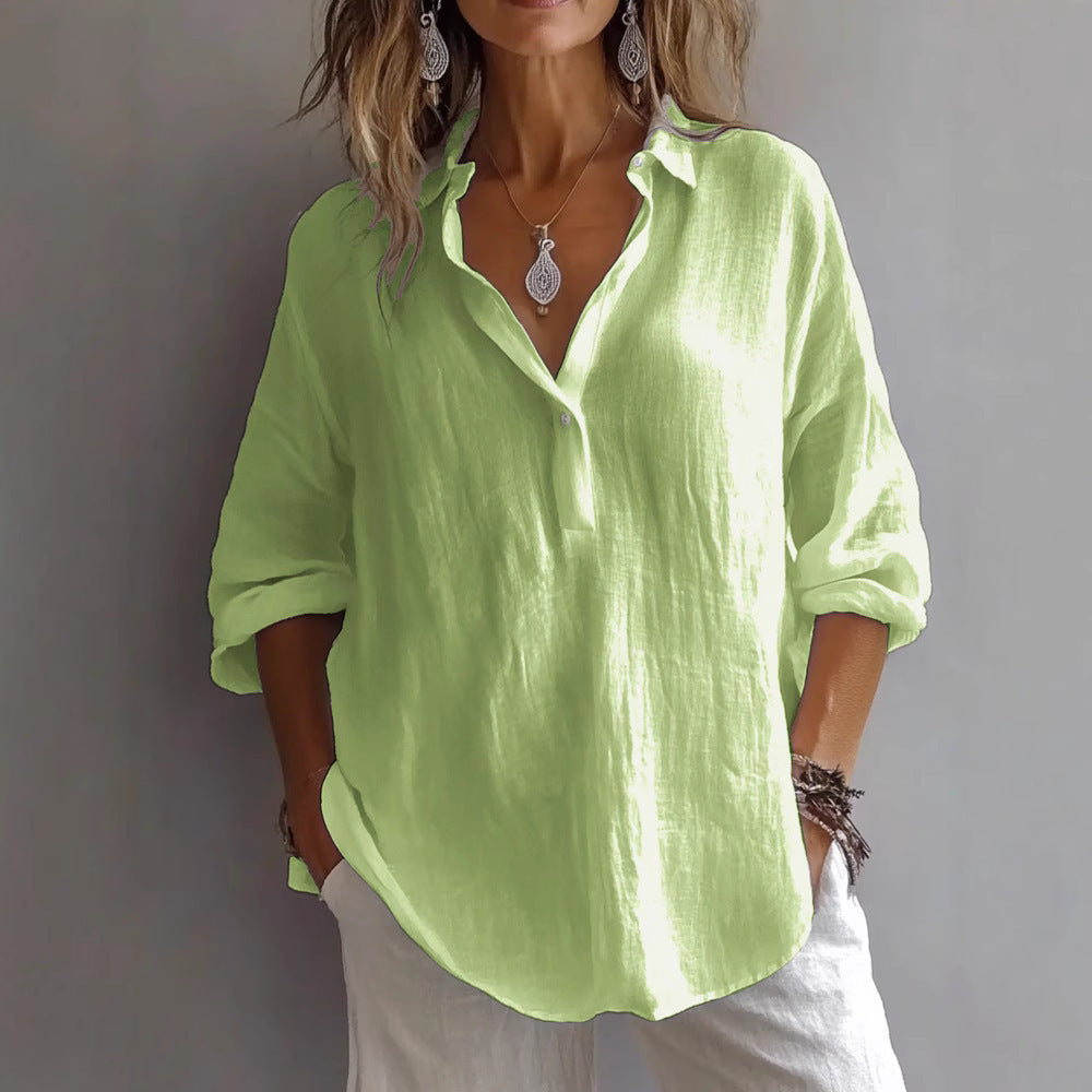 Damen Lockeres Leinen Knopf-bluse Drune