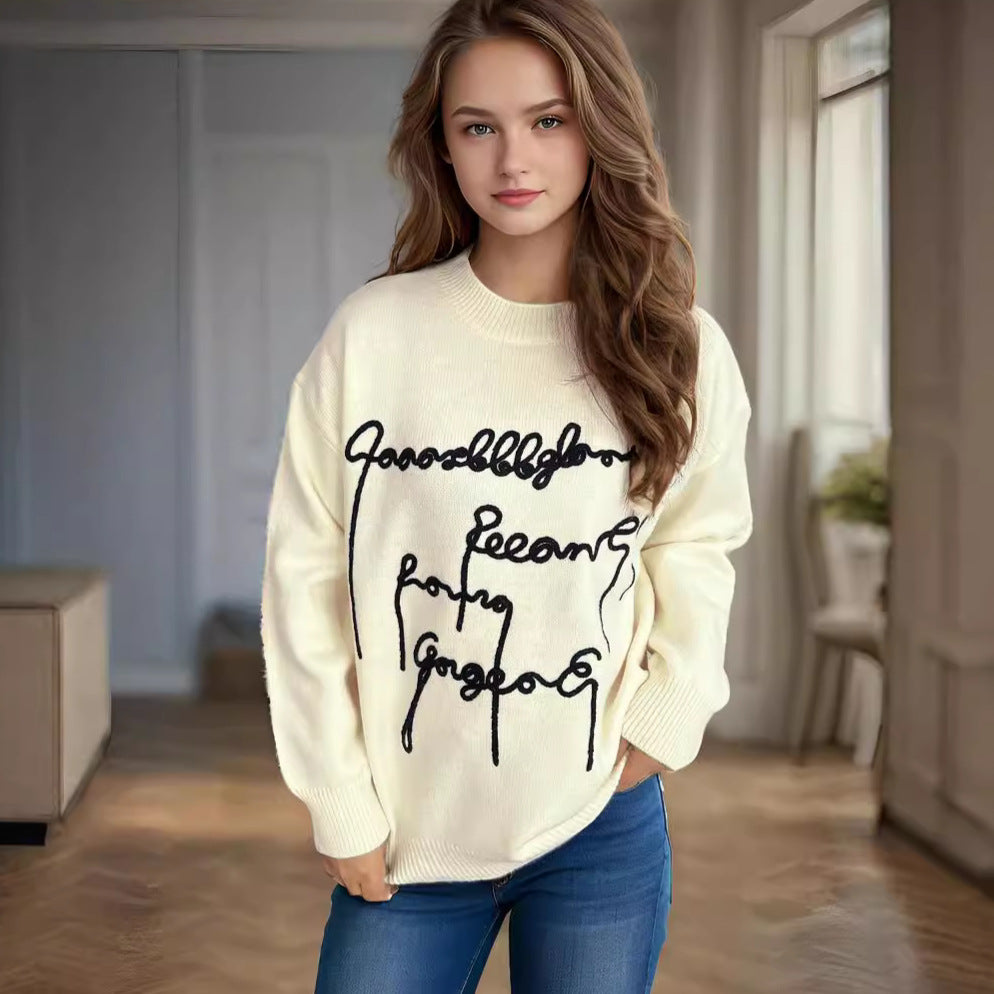 Damen gemütlicher Oversized-Pullover mit kunstvollem Schriftzug Drune