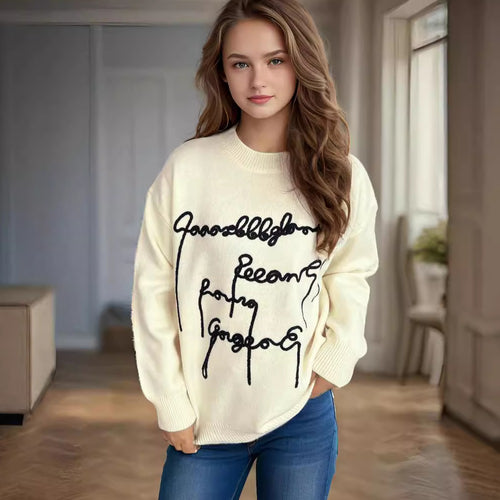 Damen gemütlicher Oversized-Pullover mit kunstvollem Schriftzug Drune