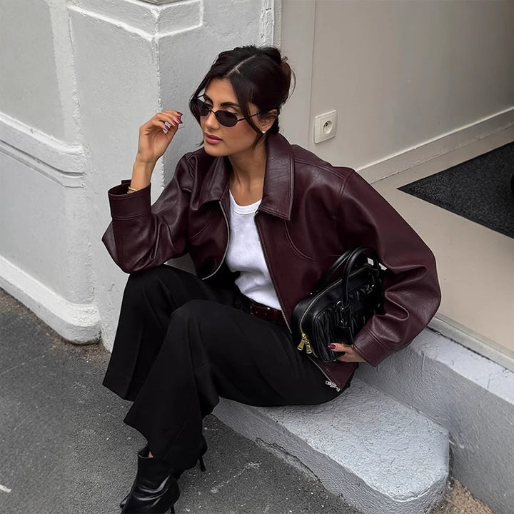 Damen elegante Lederjacke mit oversized Schnitt Drune