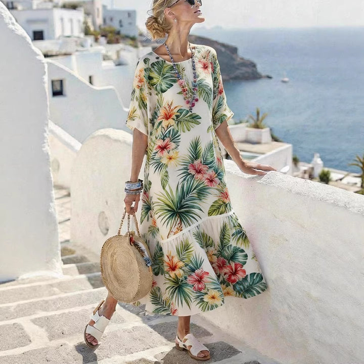 Damen Sommermaxikleid mit grafischem Muster und voluminösem Saum Drune