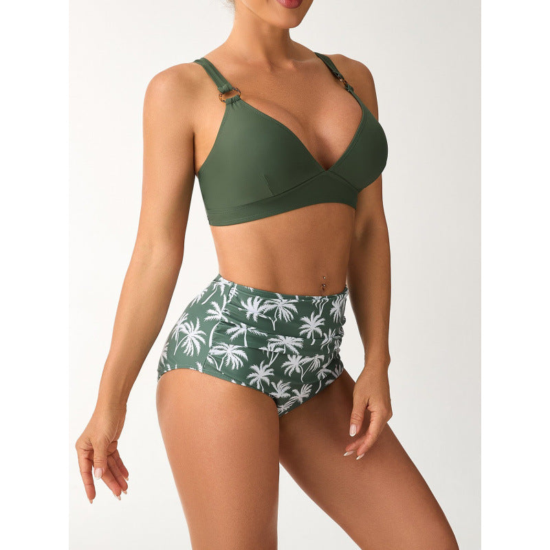 Damen Bikini-Set mit hohem Bund und modischem Palmendruck Drune