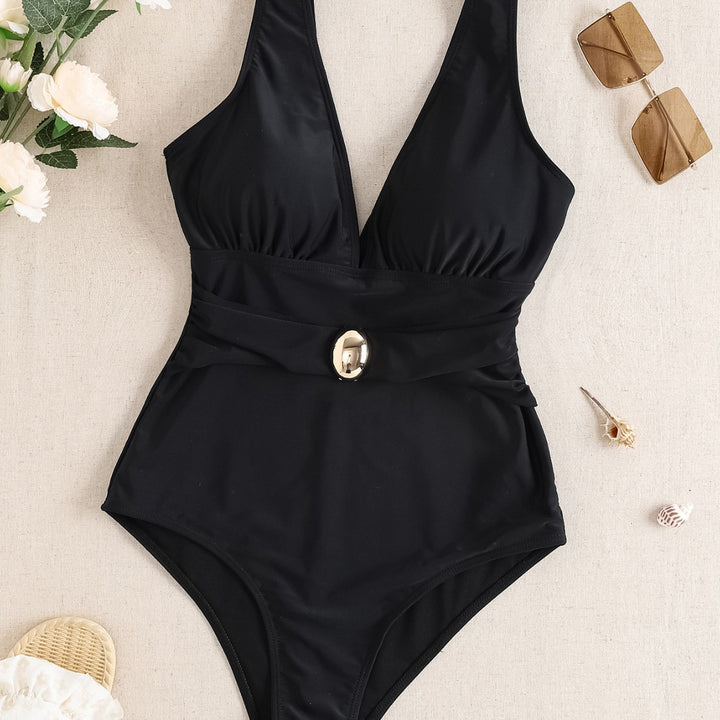 Damen Einteiliger Badeanzug mit tiefem V-Ausschnitt und eleganter Gürteldetails Drune