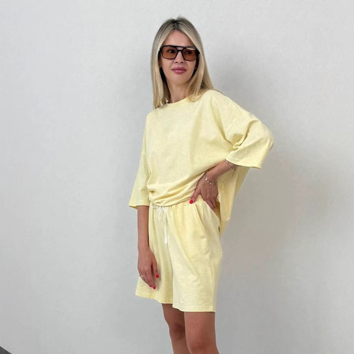 Damen lässiges Kurzarm-Set aus weichem Material mit bequemen Shorts Drune