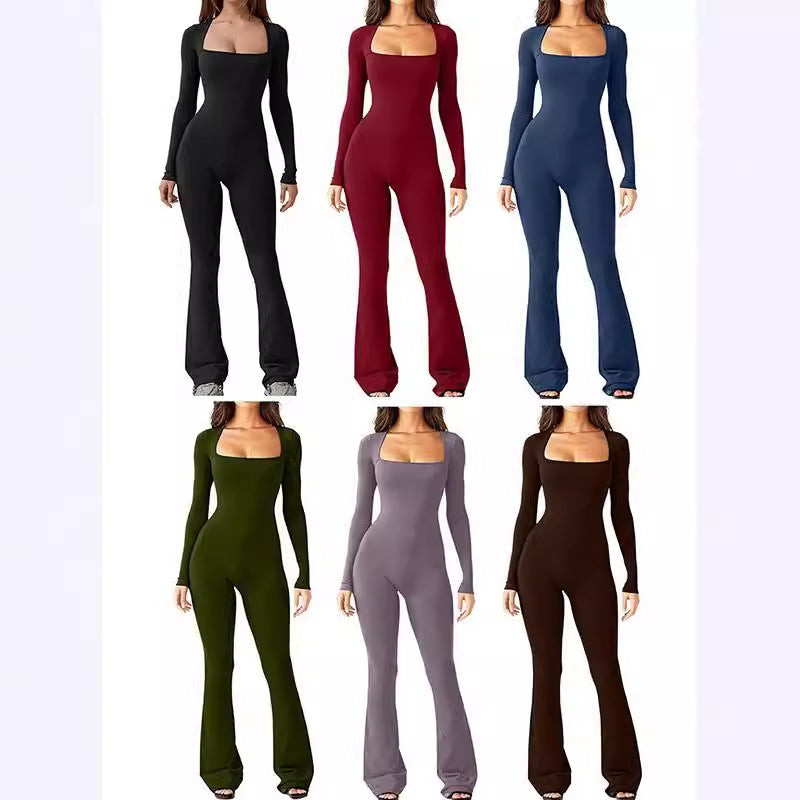 Damen nan figurbetonter Langarm-Jumpsuit mit quadratischem Ausschnitt und ausgestellter Schlaghose Drune