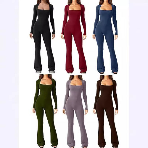 Damen nan figurbetonter Langarm-Jumpsuit mit quadratischem Ausschnitt und ausgestellter Schlaghose Drune
