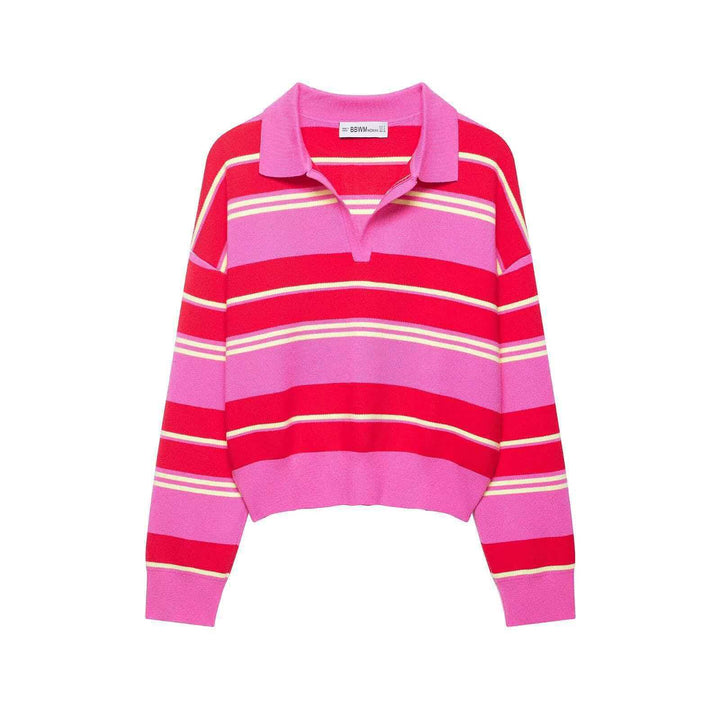 Damen nan gestreifter Rugby-Strickpullover mit Polokragen und weiter Oversize-Passform Drune