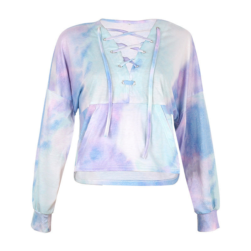 Damen cropped Kapuzenpullover im kreativen Tie-Dye-Design mit Schnürung Drune
