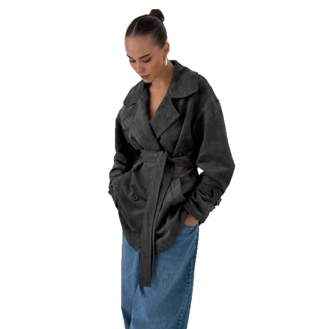 Damen Modische Suede-Jacke mit Gürtel und doppelter Knopfreihe Drune