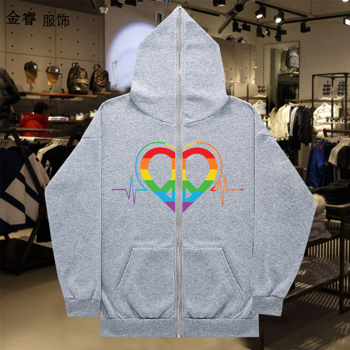 Damen sportlicher Kapuzenpullover mit buntem Herzmotiv und praktischen Taschen Drune