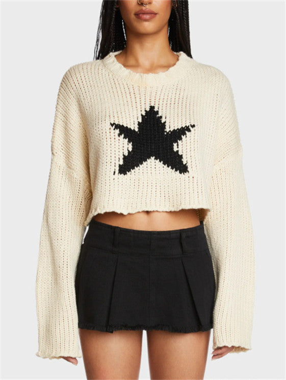 Damen modischer Grobstrickpullover mit trendy Sternenapplikation Drune