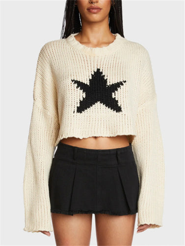 Damen modischer Grobstrickpullover mit trendy Sternenapplikation Drune