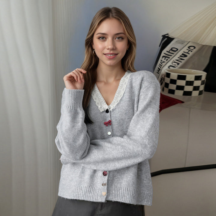 Damen Verspielter Strickcardigan mit Rüschen und Knopfdetails Drune