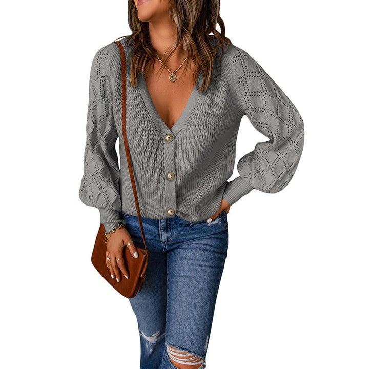 Damen Strickjacke mit V-Ausschnitt und Puffärmeln Drune