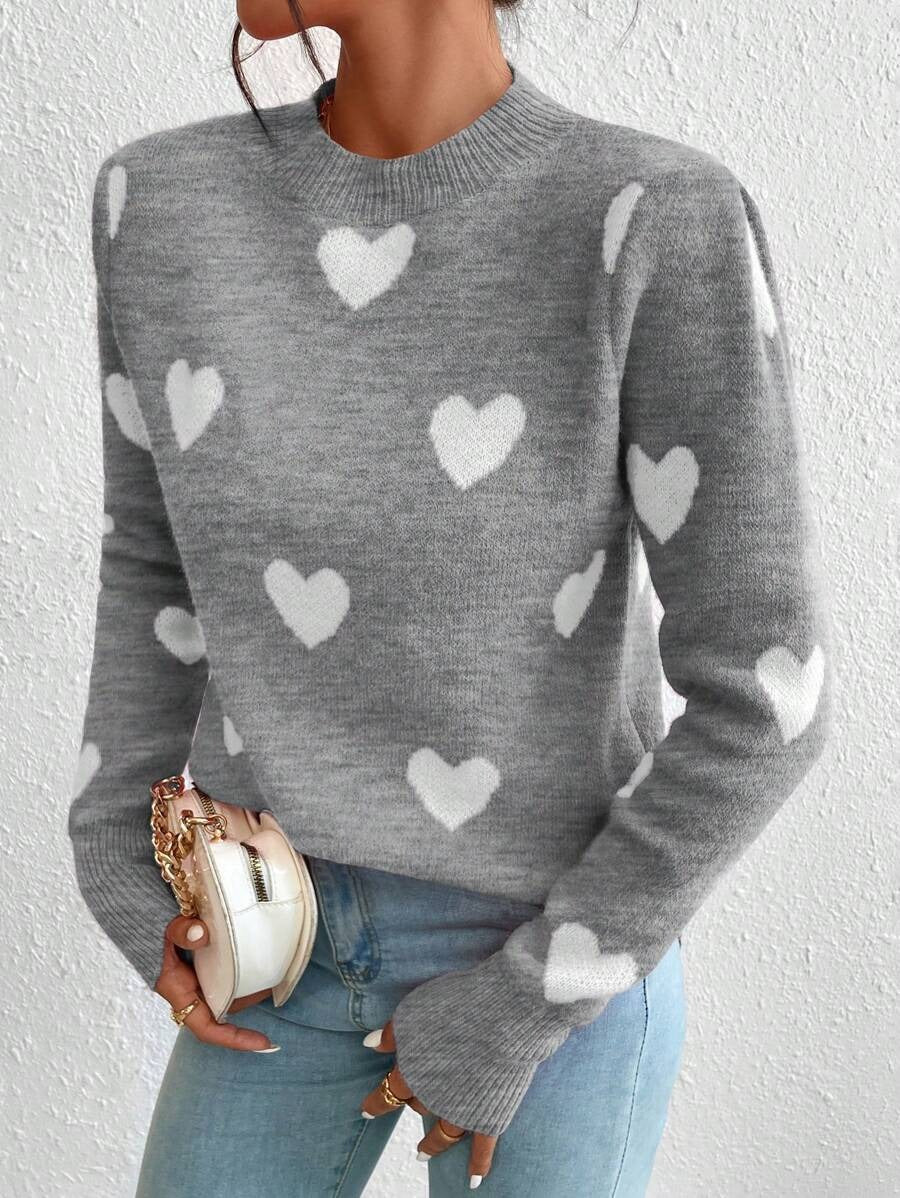 Damen Strickpullover mit herzförmigem Muster und hohem Kragen Drune