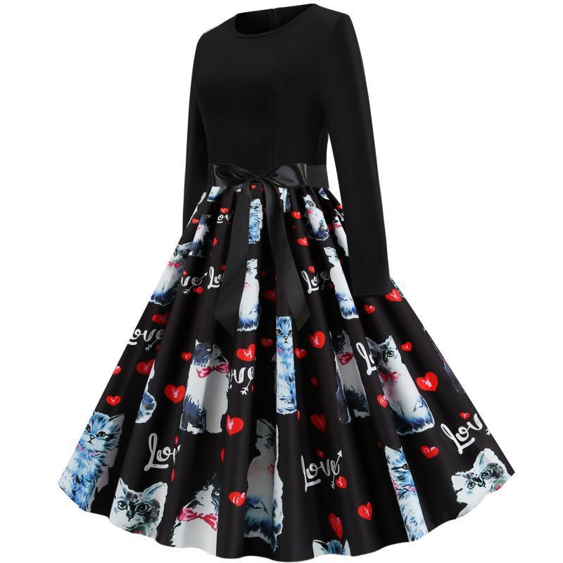 Damen Swingkleid mit Katzenmotiv und elegantem Gürtel Drune
