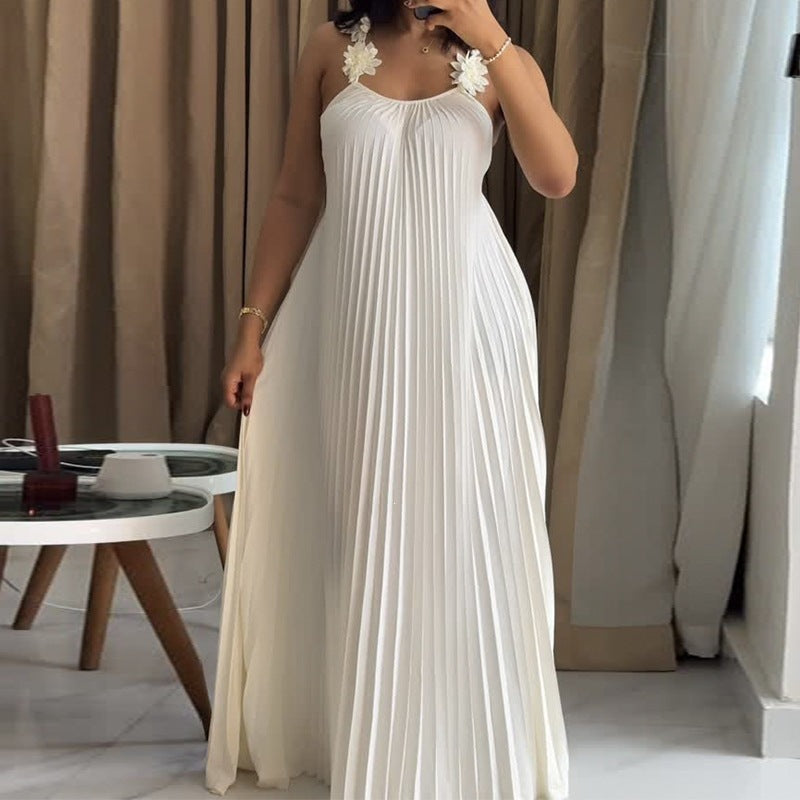 Damen Elegantes Maxikleid mit lässigem Faltenwurf und dekorativen Schulterblüten Drune