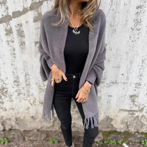 Damen nan langer kuscheliger Fransen-Cardigan mit Schalkragen und Oversize-Passform Drune