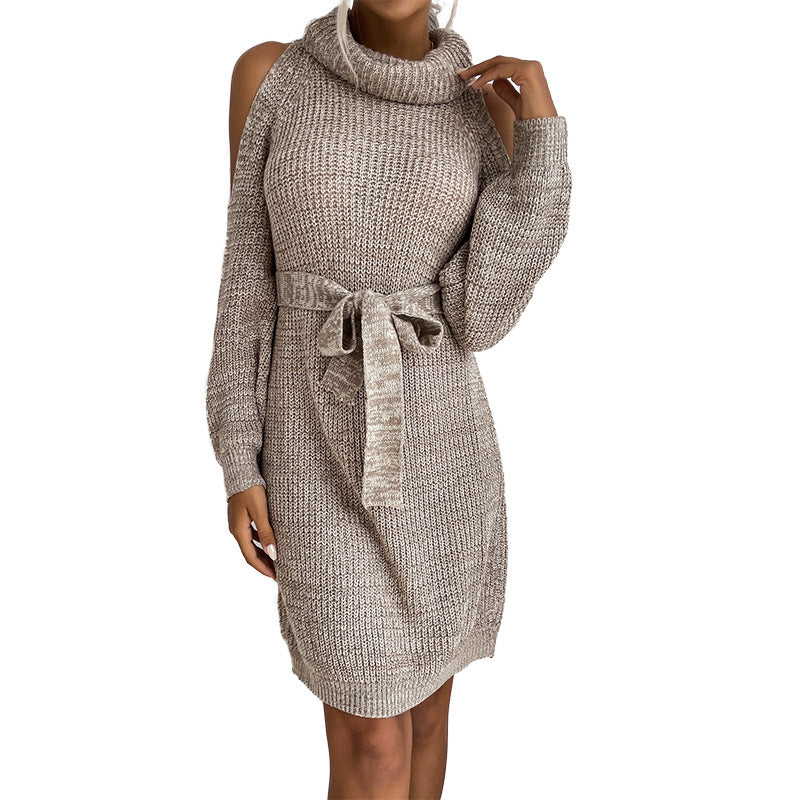 Damen Strickkleid mit offener Schulter und modischem Taillengürtel Drune