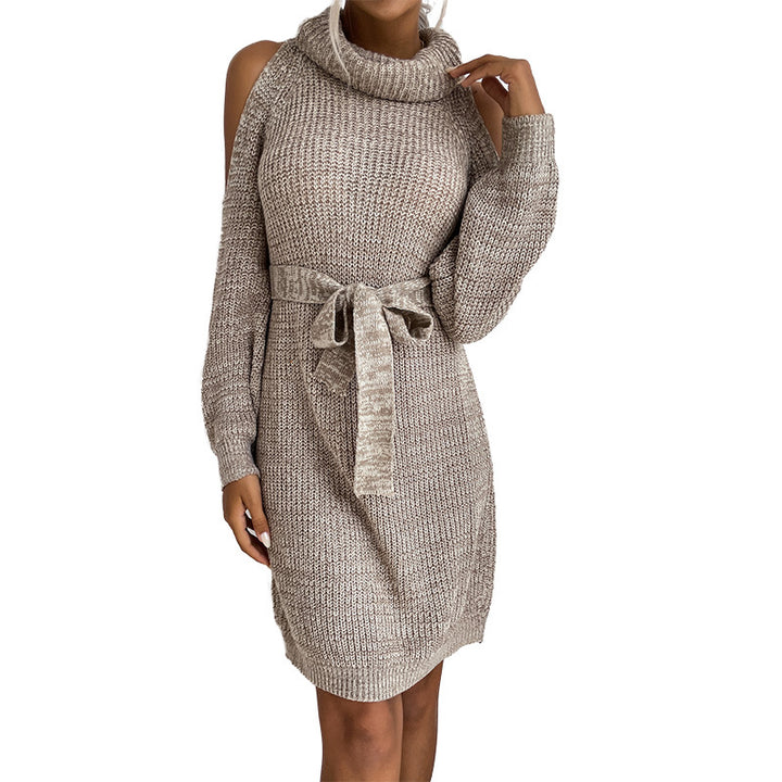 Damen Strickkleid mit offener Schulter und modischem Taillengürtel Drune