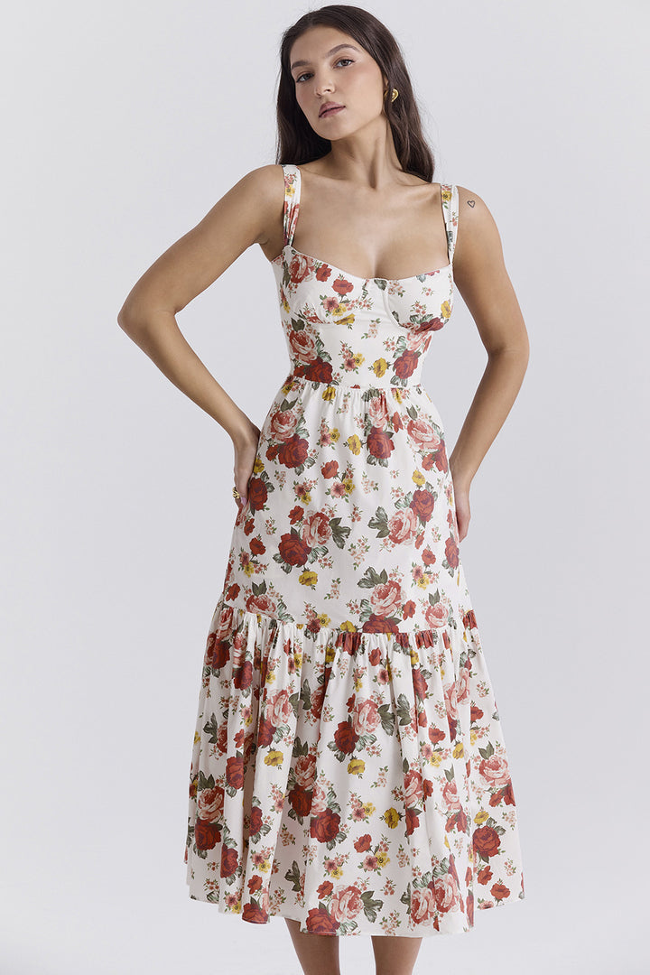 Damen Floral gemustertes Maxikleid mit tailliertem Oberteil und Volantrock Drune