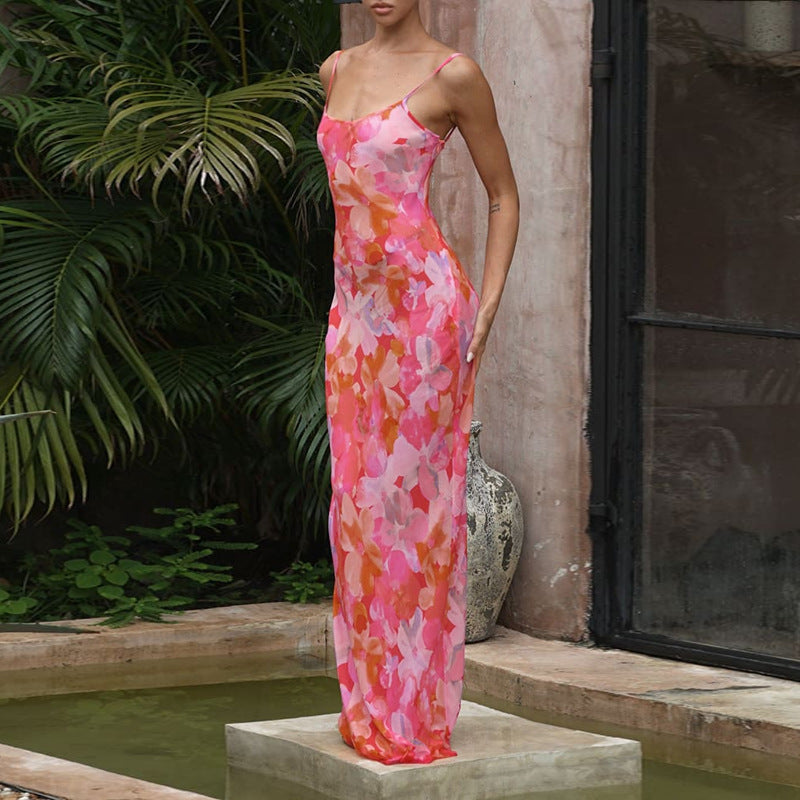 Damen Maxikleid mit floralem Muster und schmalen Spaghetti-Trägern Drune