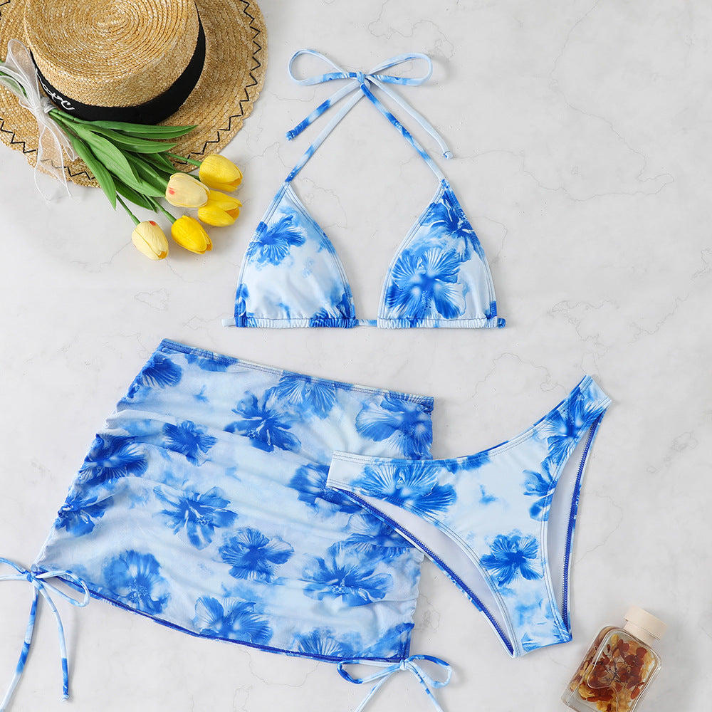 Damen Triangel-Bikini-Set mit verstellbaren Trägern und floralem Wickelrock Drune