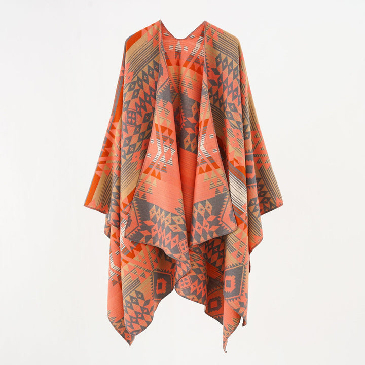 Damen Geometrischer Überwurfponcho mit warmem Material und trendiger Musterung Drune
