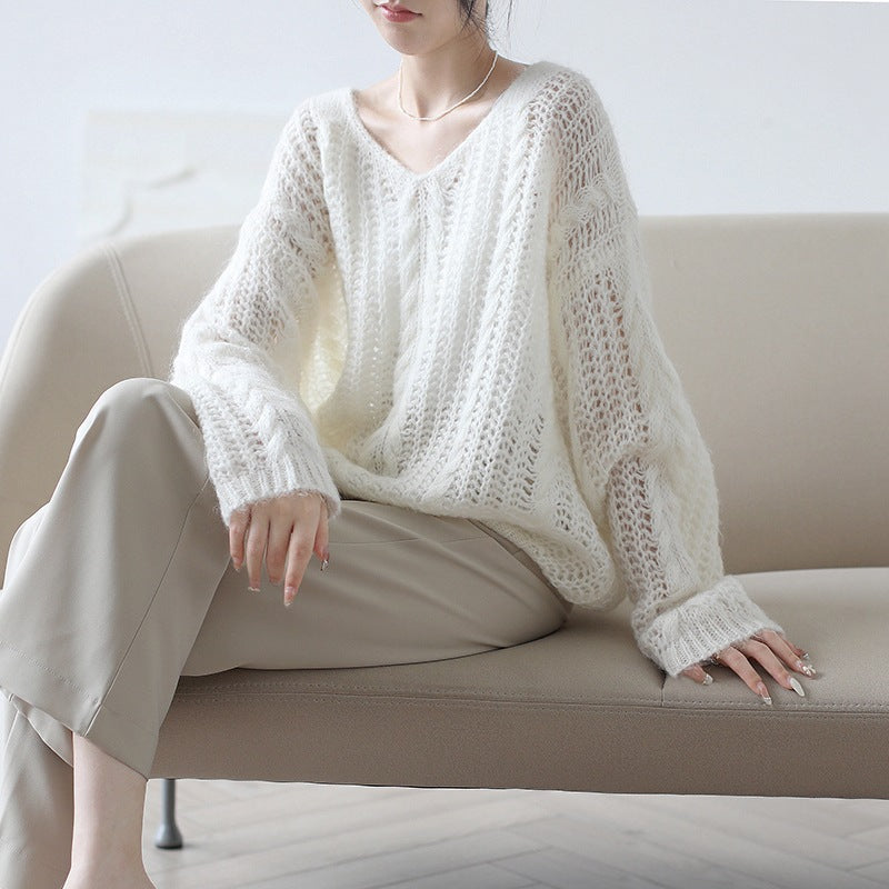 Damen Grobstrickpullover mit V-Ausschnitt und luftiger Struktur Drune