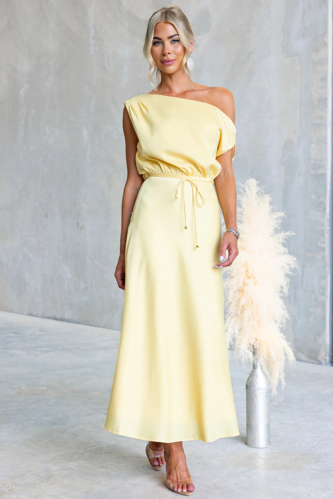 Damen Maxi-Kleid mit schulterfreiem Design und elastischem Taillenbund Drune