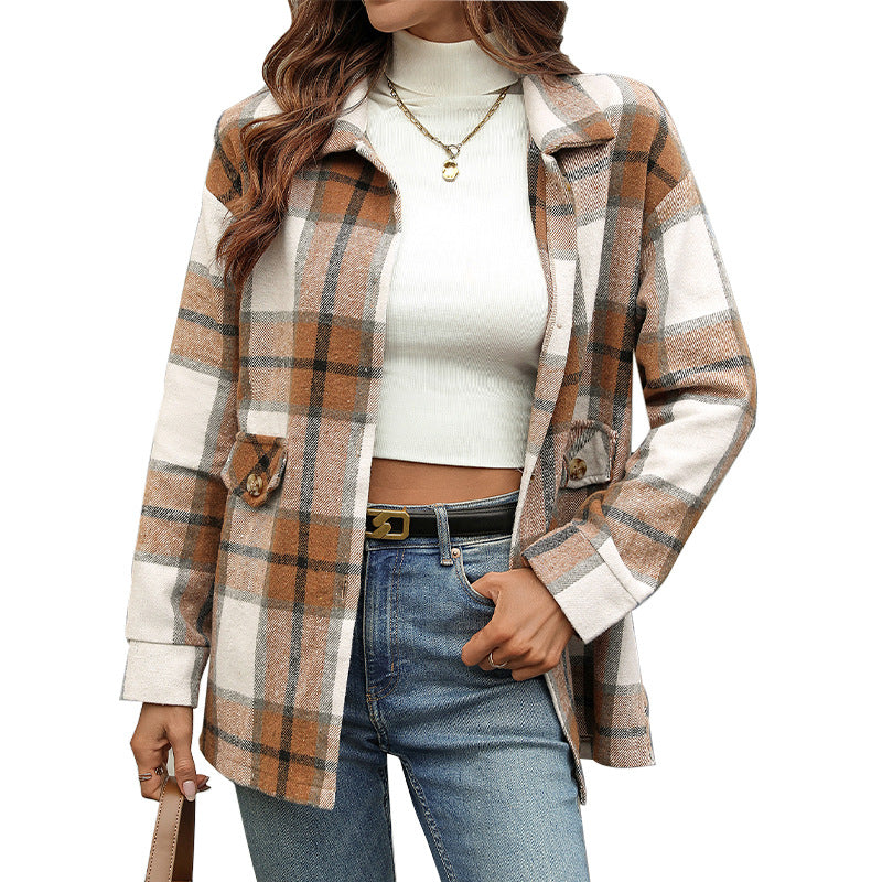 Damen modischer Kariert-Shirtjacke aus weichem Material Drune