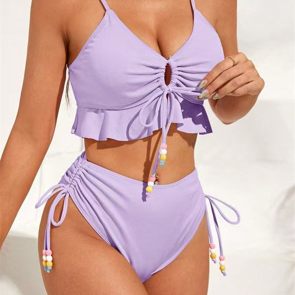 Damen Hochgeschnittenes Rüschen-Bikini-Set mit verstellbaren Bändern Drune
