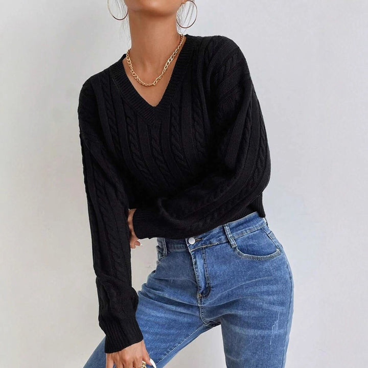 Damen Eleganter V-Ausschnitt Strickpullover mit strukturiertem Zopfmuster Drune