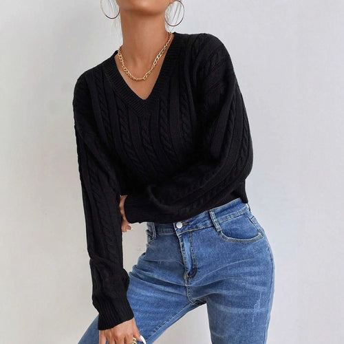 Damen Eleganter V-Ausschnitt Strickpullover mit strukturiertem Zopfmuster Drune