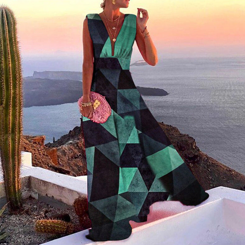 Damen Maxikleid mit geometrischem Schnitt und tiefem V-Ausschnitt Drune